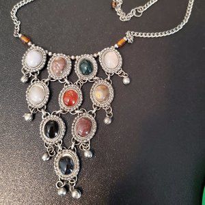 16" Bib Style Cabochon Necklace Silver Tone Style
